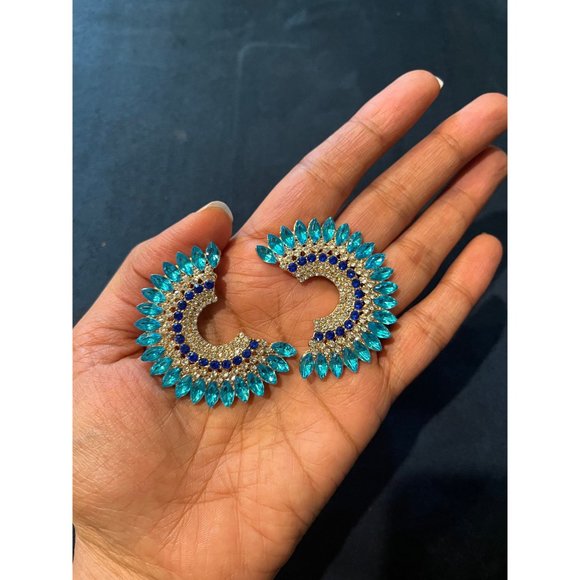 Aquamarine earrings large rhinestone crystal stud blue large aqua big earring - Picture 6 of 8